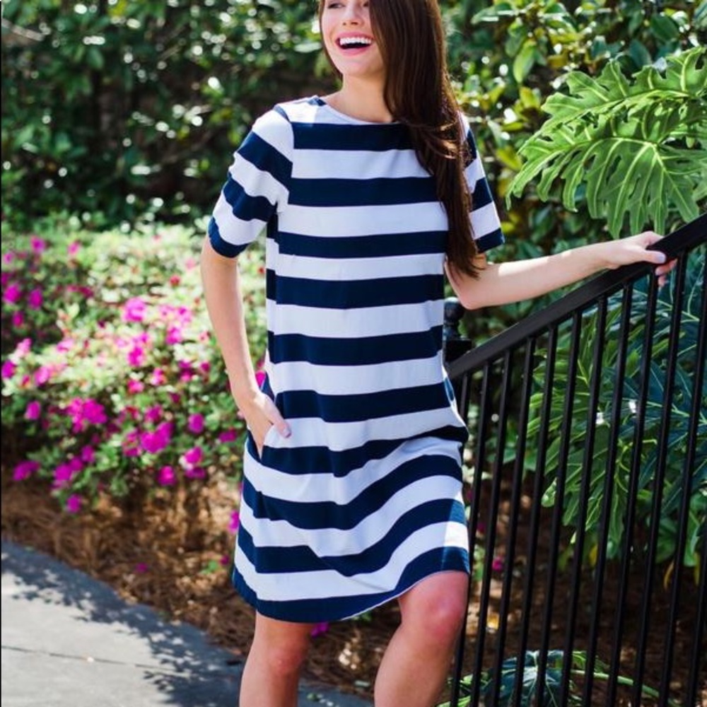 Women's Striped T-Shirt Dress Pockets Short Sleeve